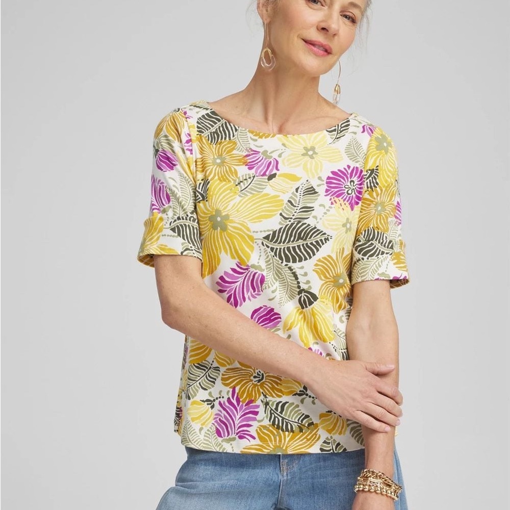Chico's Yellow & Pink Floral Short-Sleeve Boatneck Bateau Top Feminine Vacation